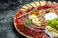 Antipasto platter jamon, prosciutto, ham, beef jerky, salami and cheese platter. Appetizer, catering food concept. place for text Royalty Free Stock Photo