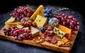 Antipasto platter with prosciutto crudo or jamon, ham, salami, cheese, olives and grapes/ Elegant charcuterie board Royalty Free Stock Photo