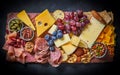 Antipasto platter with prosciutto crudo or jamon, ham, salami, cheese, olives and grapes/ Elegant charcuterie board Royalty Free Stock Photo