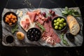 Antipasto platter with prosciutto, salami and olives, top view of black marble cutting board with olives in bowls, breadsticks,