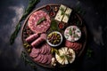 Antipasto platter with salami, ham, cheese, olives and herbs on dark background. Top view