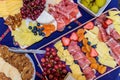 Antipasto platters with prosciutto, cheese, strawberries, grapes, dried fig