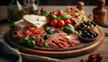 Antipasto with prosciutto crudo or jamon, parmesan cheese, olives and tomatoes on wooden board