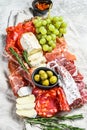 Antipasto set platter. Cold smoked meat plate with sausage, sliced ham, prosciutto, bacon, olives. Appetizer variety. Gray Royalty Free Stock Photo