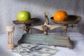 Antiqe business tools with fruit. Royalty Free Stock Photo