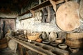 Antiquarian tableware in old kitchen.