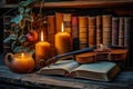 Antiquated Vintage instruments candles books. Generate AI