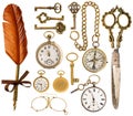 Antique accessories. antique keys, clock, scissors, compass