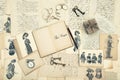 Antique accessories, old letters and fashion drawings