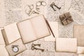 Antique accessories, open book and old handwritten letters Royalty Free Stock Photo