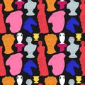 Antique acid colors statue seamless pattern. Greek or roman marble sculptures, gods and goddesses. Body parts and faces with