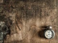 Antique alarm clock rustic wooden background