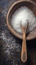 Antique allure Ladle rests in wooden bowl filled with coarse salt Royalty Free Stock Photo