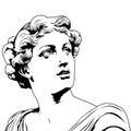 Antique ancient Greek statue - young woman looks at the copy space, vector illustration in cartoon comic style, black and white