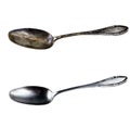 Antique antique spoon in two versions, covered with a black coating and patina, and clean and shiny. Isolated on white