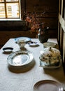 Dishes on the table with a white tablecloth Royalty Free Stock Photo