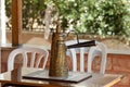 Antique arabic coffee pot on ceramic tray