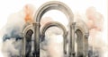 Antique arches on a watercolor background. Classical architecture. For banner, postcard, book illustration