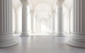 Antique architectural white panorama with shadow from columns. Arched perspective in Classic style.