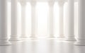 Antique architectural white panorama with shadow from columns. Long row of colonnade columns. Royalty Free Stock Photo