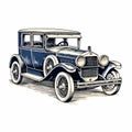 Antique Automobile Drawing Vector Illustration In Dark White And Light Indigo