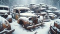 Antique automobile wrecking yard with rusted vintage cars and trucks AI Generated Royalty Free Stock Photo