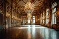 An Antique Ballroom with Crystal Chandeliers and Ornate decor. Generative AI