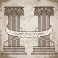 Antique and baroque classic style column and ribbon banner vector set. Vintage architectural details design elements