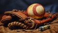 Antique baseball equipment stained leather glove, old fashioned bat, dirty ball generated by AI Royalty Free Stock Photo