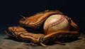 Antique baseball glove catching dirty ball on old playing field generated by AI