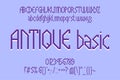 Antique Basic Latin display font. Craft typeface with uppercase and lowercase letters, numbers and punctuation in style of ancient