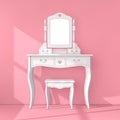 Antique Bedroom Vanity Table with Stool and Mirror in Pink Room. 3d Rendering