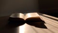 Antique Bible on Table, Illuminated by Reflection generated by AI