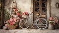 an antique bicycle with buckets of flowers parked in front of an old building, emphasizing the vintage charm and