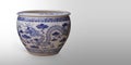 Antique big white and blue ceramic pot on grey background, object, decor, vintage, ancient, copy space