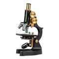 Antique Black and Brass Microscope with Multiple Lenses and Focusing Knobs on a White Background Royalty Free Stock Photo