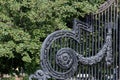 Antique black cast iron ornate lattice with dusty surface floral patterned elements. Old door grilles Royalty Free Stock Photo