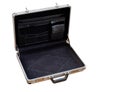 Antique black open briefcase on white background, copy space Royalty Free Stock Photo