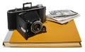 Antique, black, pocket camera, old photo albums, retro black and white photographs. Royalty Free Stock Photo