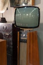 Antique Black and White TV set with Cathode Ray Tube with Wooden Column Cabinet