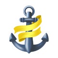 Antique blue metal maritime anchor with yellow ribbon wrapped around it. Nautical ancient symbol. Vector illustration of vessel