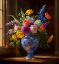 Antique blue and white porcelain vase with fresh flowers, oil painting illustration Royalty Free Stock Photo
