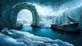 Antique boat going through an arch made of marble in winter ocean. Fantasy world. AI created a digital art illustration