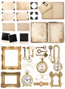 Antique book, aged paper, golden keys. Collection of vintage obj Royalty Free Stock Photo