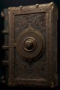 Antique book with bronze handle on dark background. Close up.