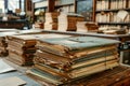 Antique Book Collection on Wooden Table in Vintage Library Setting with Shelves of Old Books in Background Royalty Free Stock Photo