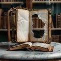 Antique book with hole, open on marble table in library Royalty Free Stock Photo