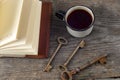 Antique book and old keys over rustic wooden background. Royalty Free Stock Photo