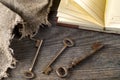 Antique book and old keys over rustic wooden background. Royalty Free Stock Photo