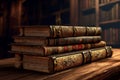 Antique book stack on wooden table in medieval fantasy setting Royalty Free Stock Photo